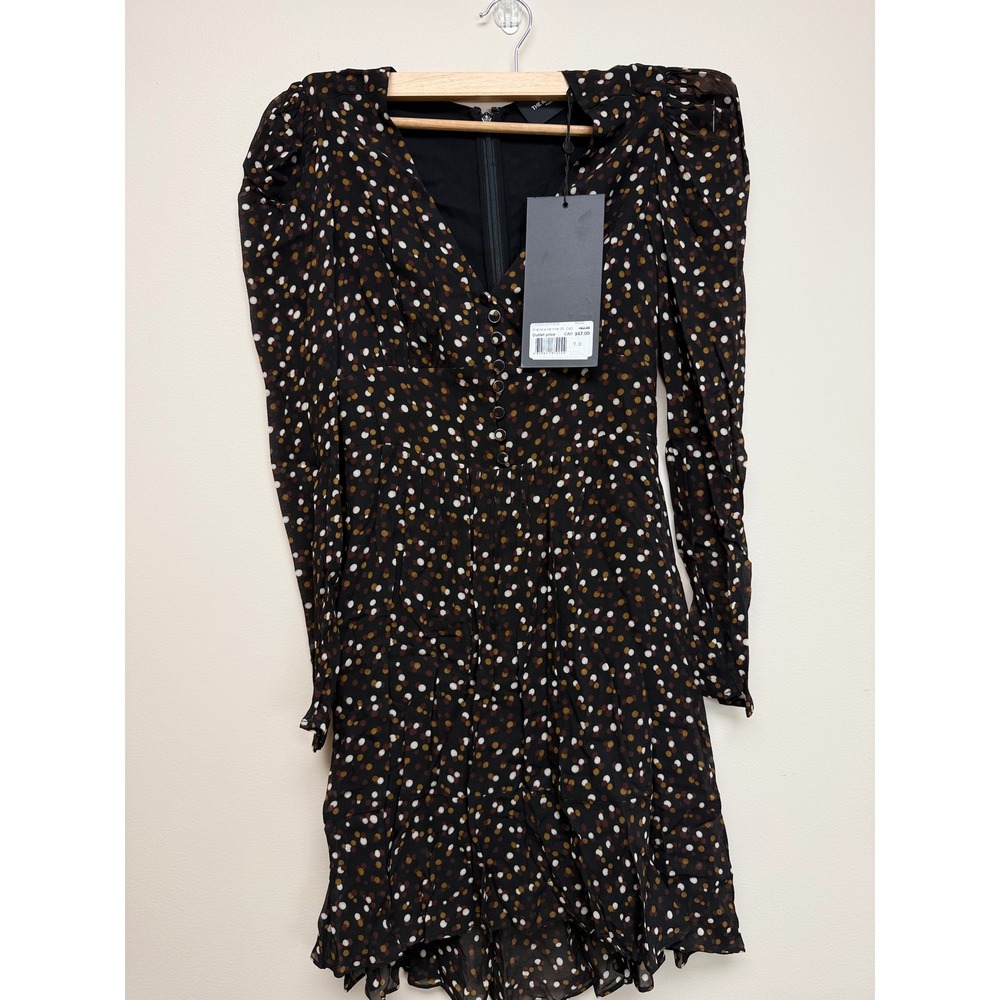 The Kooples Silk Mini Dress Brown Polka Dots Sz FR 0 US XS New - Picture 2 of 10